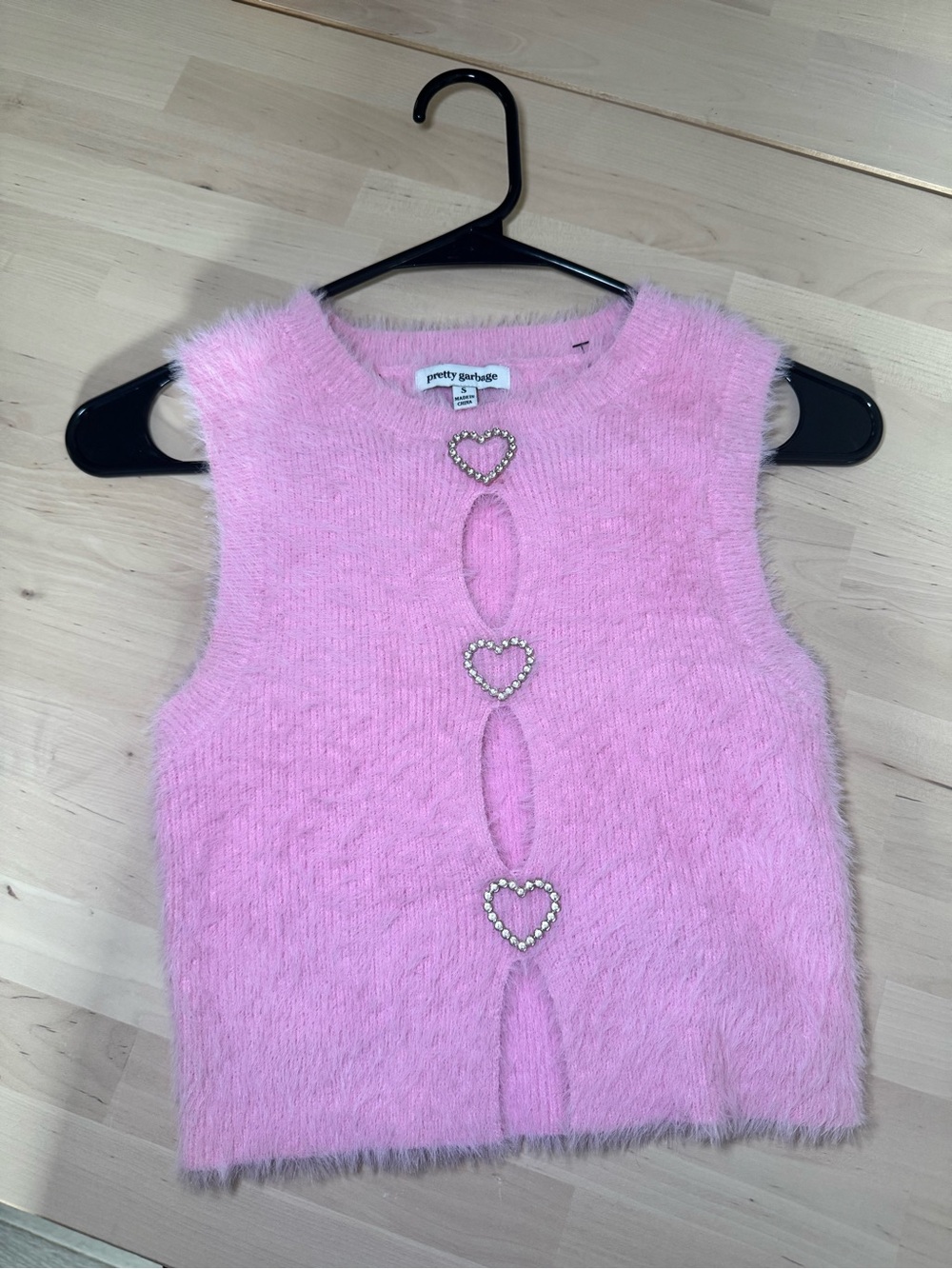 Pretty Garbage Fuzzy Pink Heart-Button Knit crop top